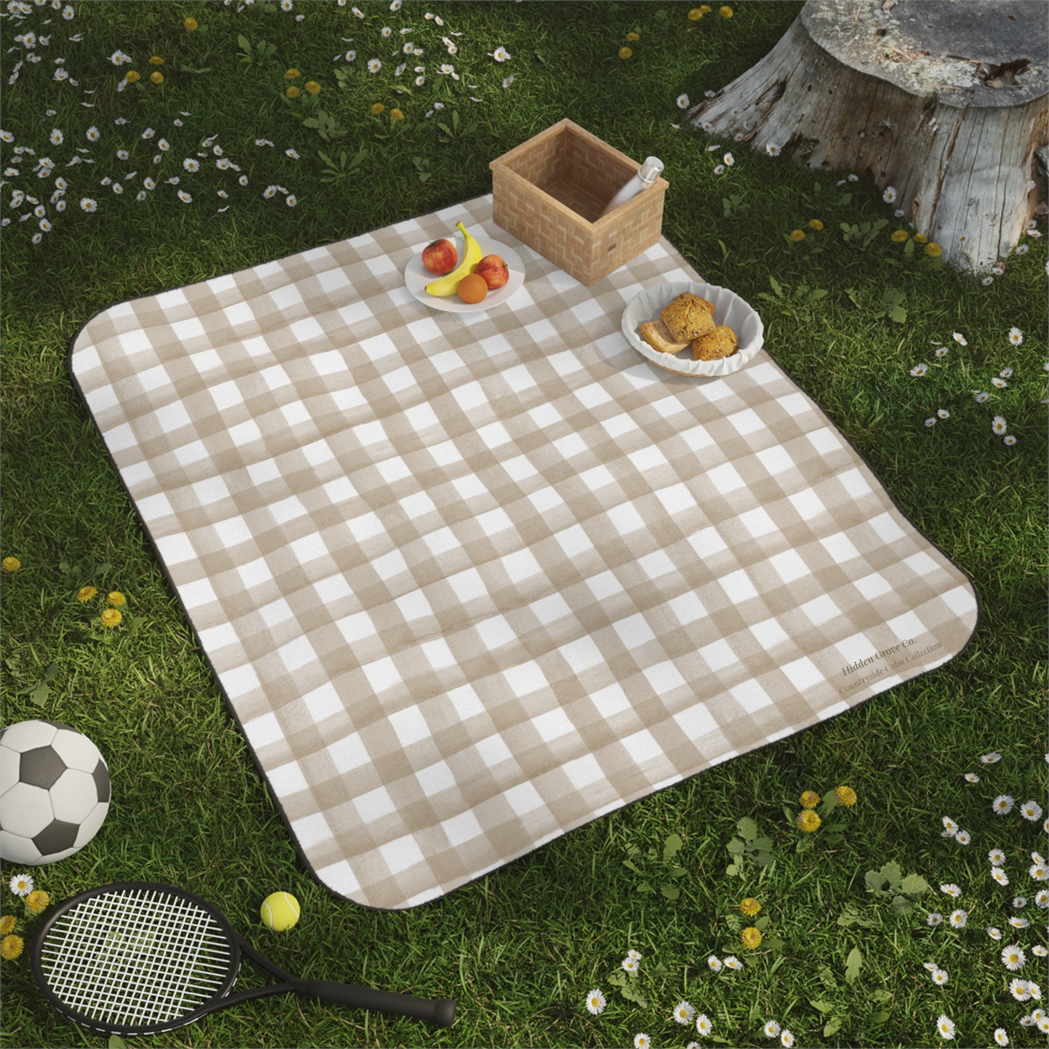 Neutral Checkered Picnic Blanket, Foldable Waterproof Outdoor Mat, Cottagecore Aesthetic